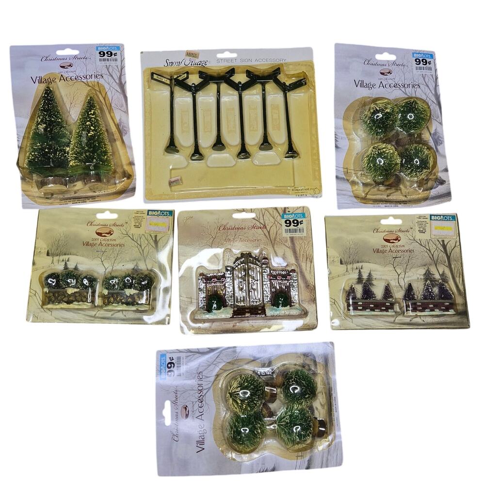 Dept 56 Snow Village Street Signs Lot Christmas Streets Trees Gate Fence 7 Pc